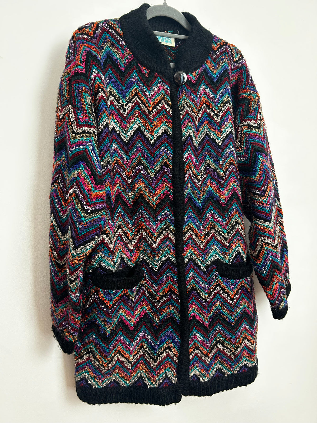 Vintage 1980s Up To Size 16 Black Multicolour Loop Yarn Chunky Knit Slouchy Cardigan