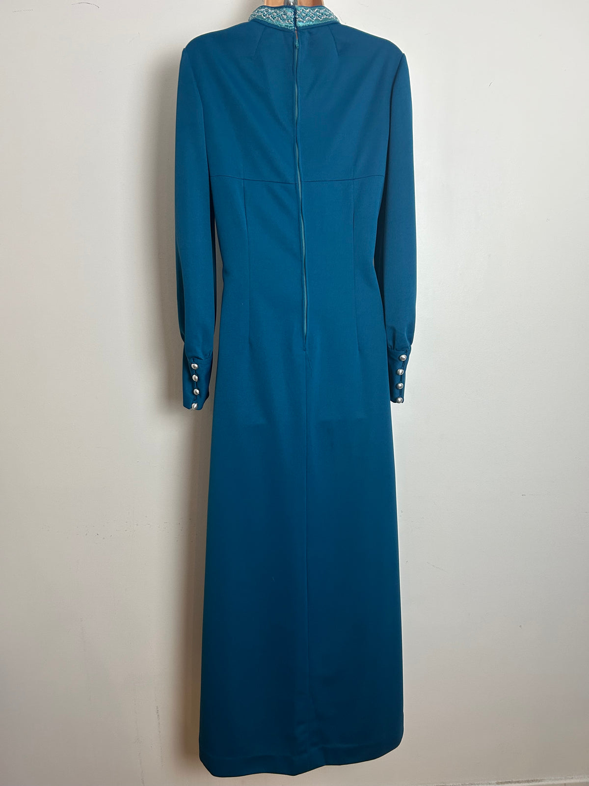 Vintage 1970s Size 12 Teal Braid Trim Long Sleeve Evening Maxi Dress