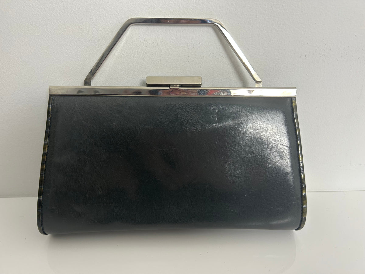 Vintage Early 1980s RENATA. Italy Grey & Dark Green Tones Mock Reptile Panel Clutch Or Shoulder Bag