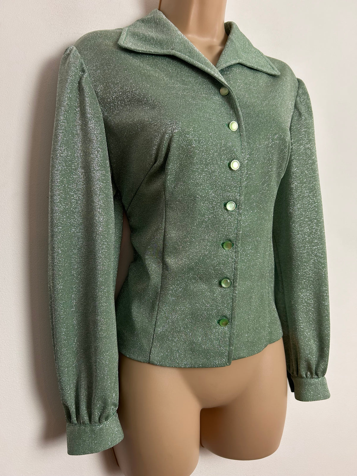 Vintage 1970s Size 10 Pale Green Glittery Lurex Wide Collared Long Sleeve Shirt/Blouse