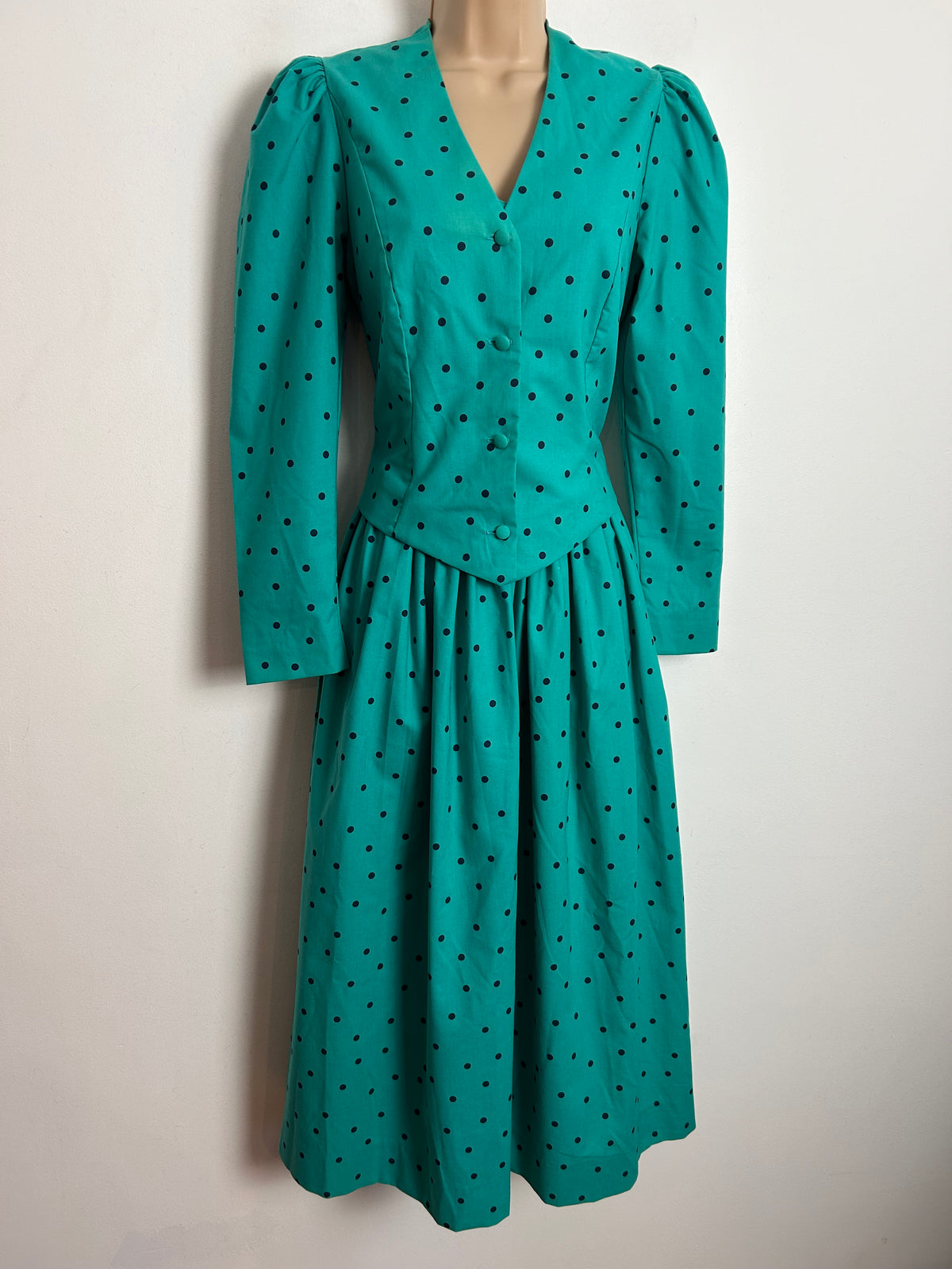 Vintage 80s LAURA ASHLEY UK Size 6-8 (Size 10 On Label) Green & Black Polka Dot Print Cotton Dress & Matching Bolero Jacket