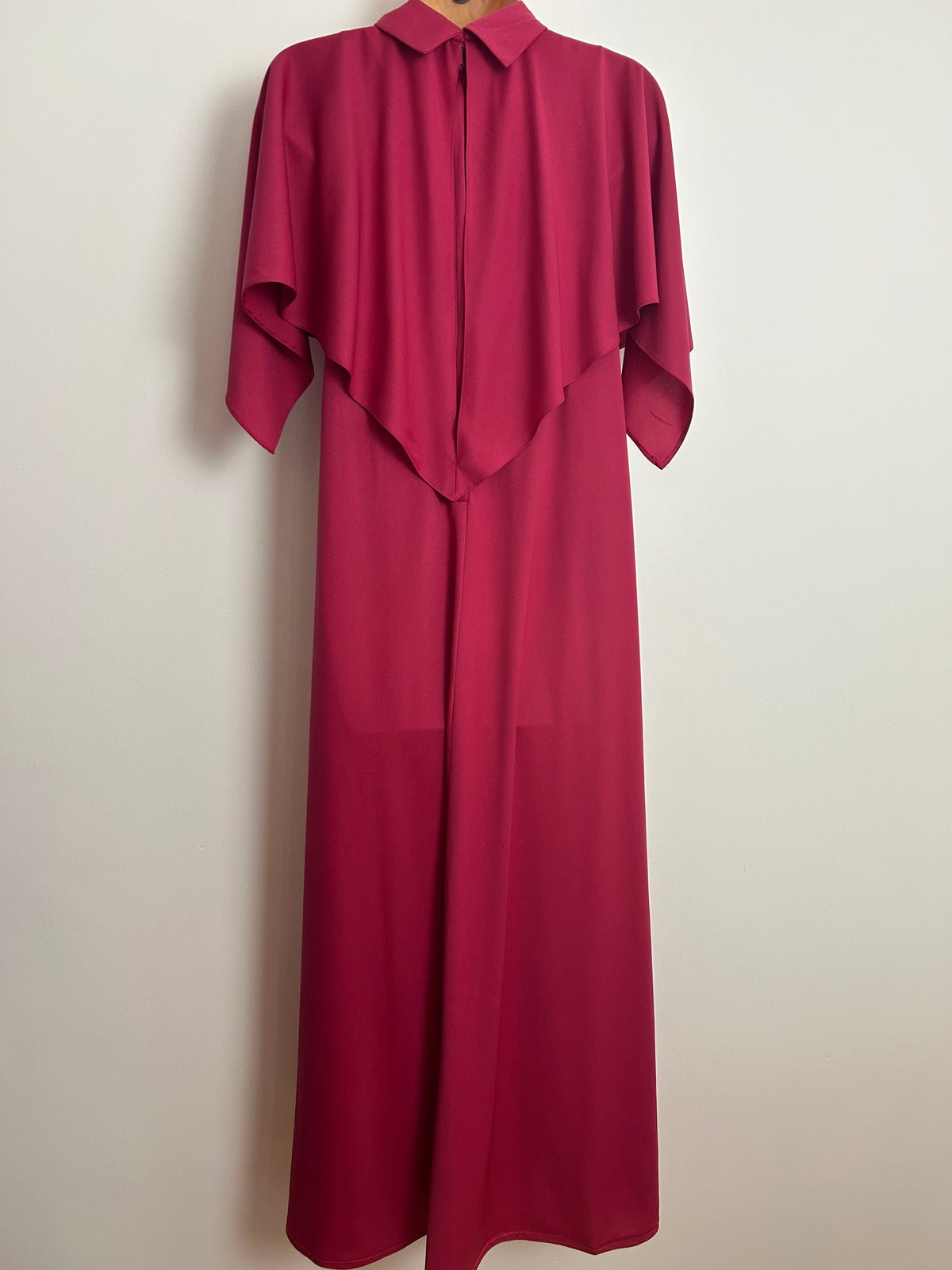 Vintage 1970s ALLDAE Size 12 Raspberry Dark Pink Cape Sleeve Double Layered Boho Maxi Dress