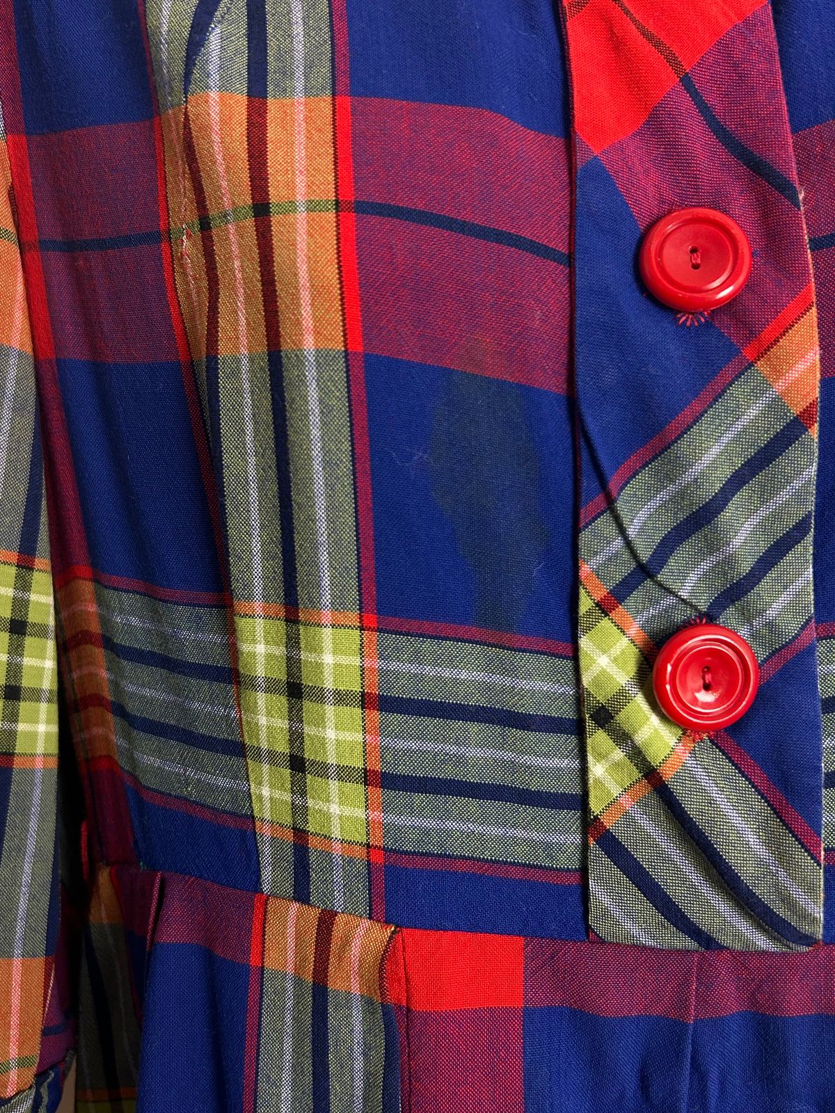 Vintage 1950s Size 10 Blue Red Pink & Green Check Print High Neck Pleated Cotton Day Dress