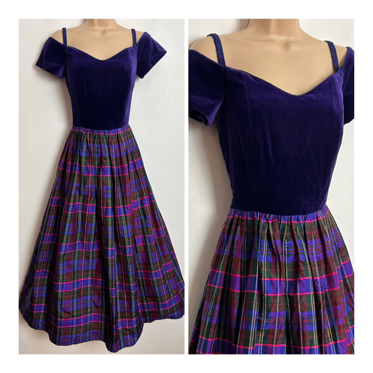 Vintage 1980s MARION DONALDSON UK Size 6 Purple Velvet & Pure Silk Tartan Check Party Prom Evening Dress