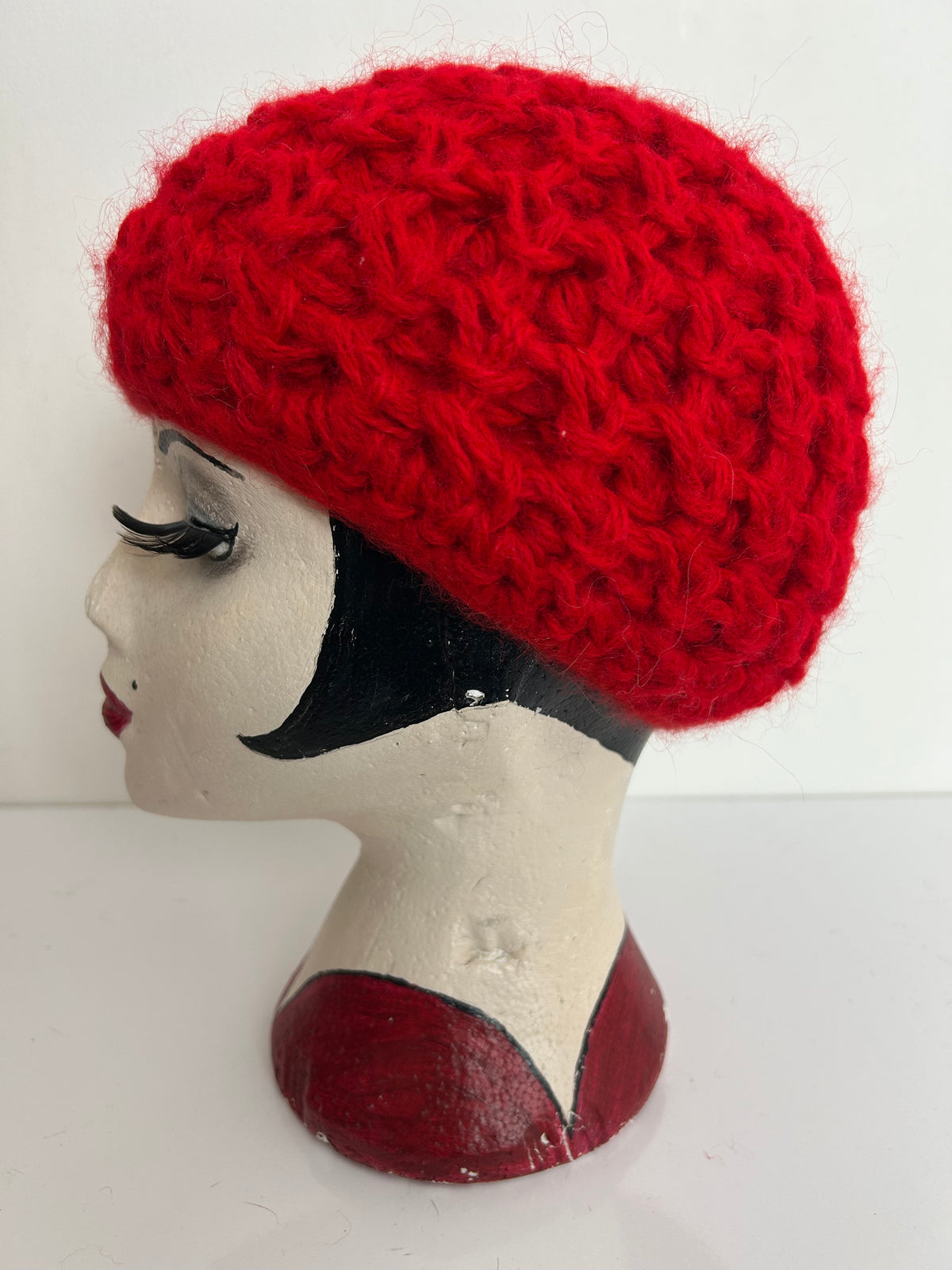 Vintage Red Wool & Angora Chunk Open Stitch Reversible Beanie Beret Style Hat