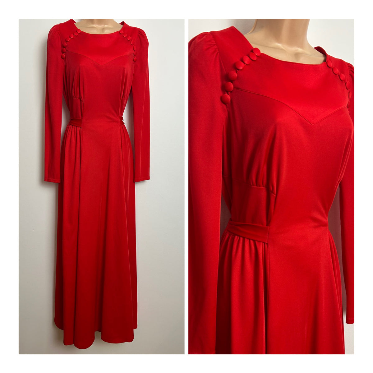 Vintage 1970s Size 12 Red Long Sleeve Button Detail Tie Back Maxi Dress