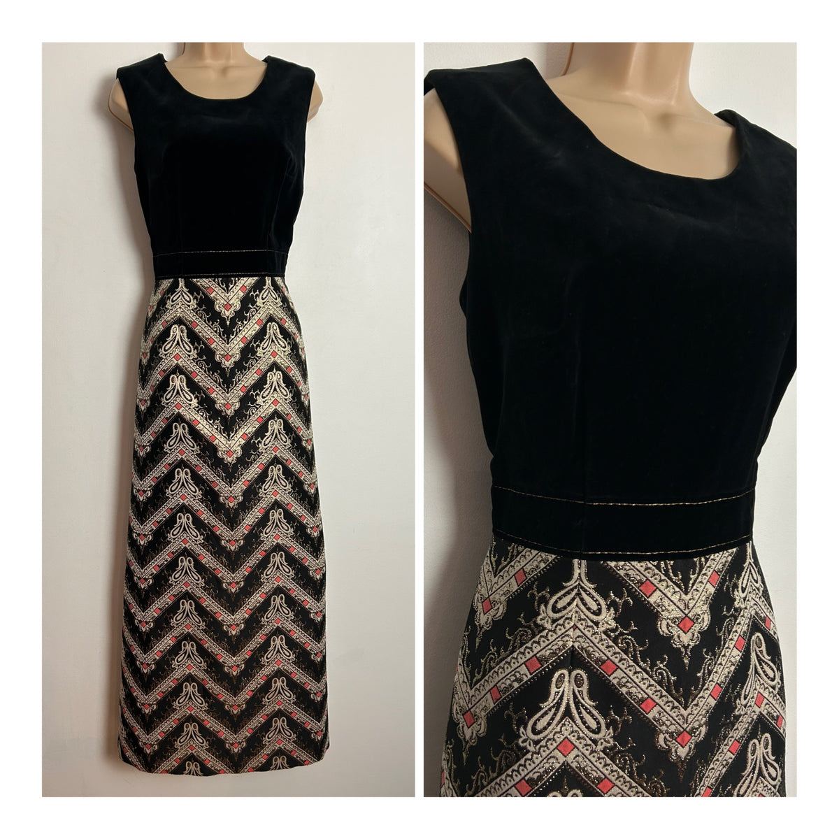 Vintage 1960s UK Size 12 Black Gold & Pink Velvet & Brocade Evening Occasion Maxi Dress