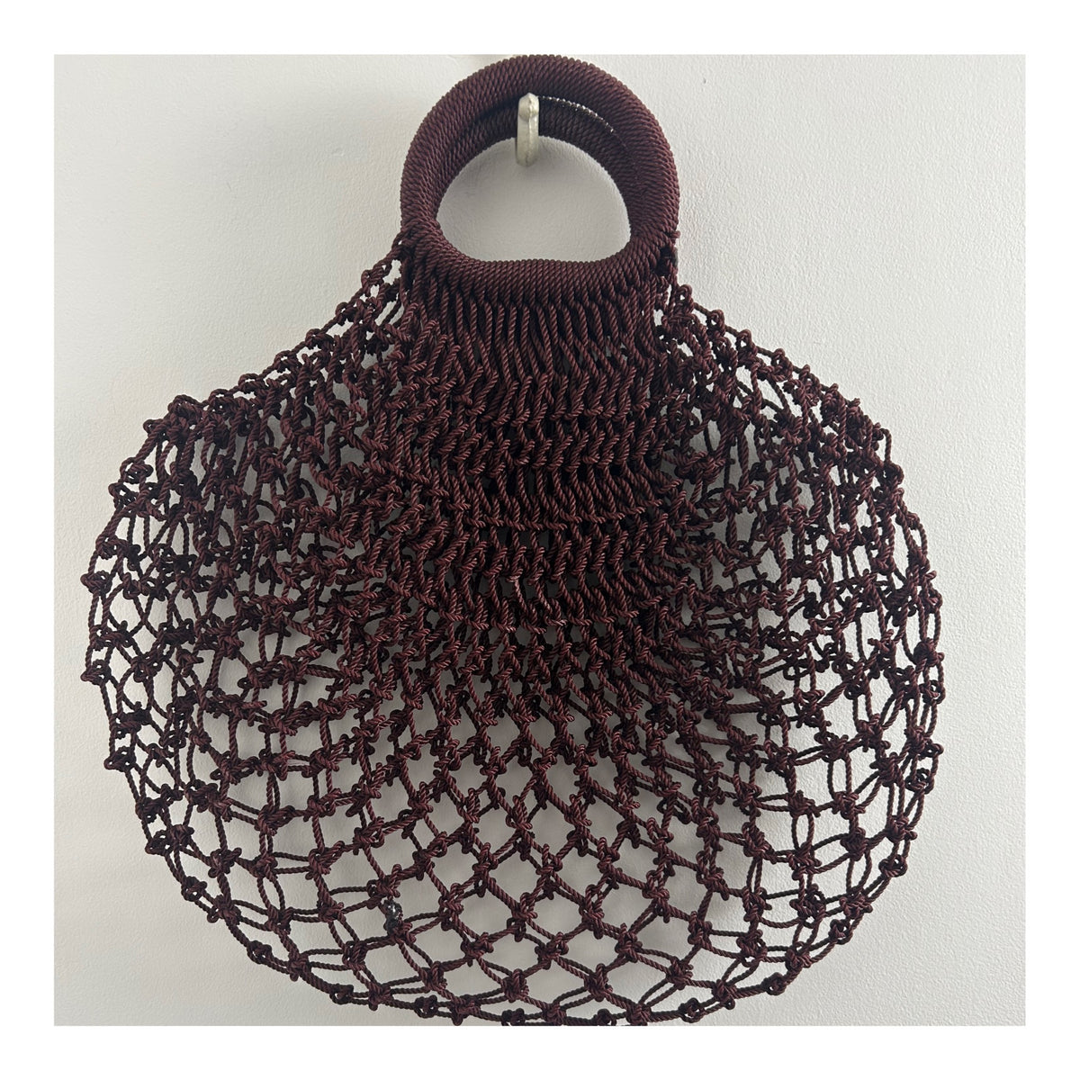 Vintage 1960s Dark Brown Macrame Knotted Style Plastic Handled Shopping Bag
