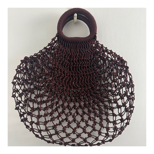 Vintage 1960s Dark Brown Macrame Knotted Style Plastic Handled Shopping Bag