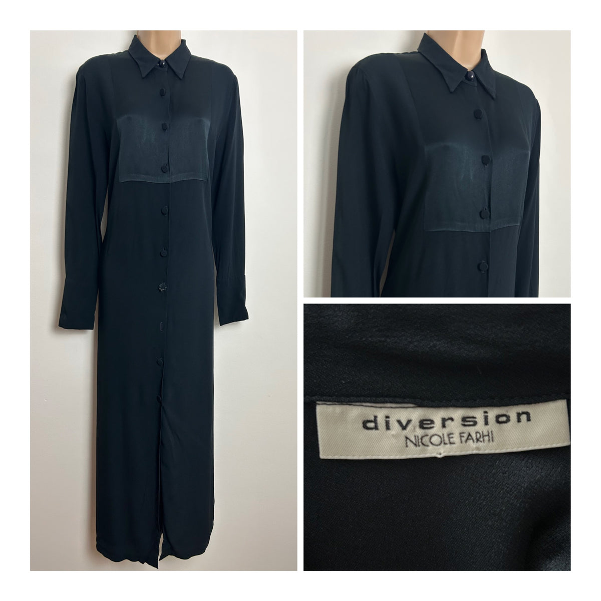 Vintage Late 1980s DIVERSION NICOLE FARHI Size 10-12 Black Satin Backed Midaxi Dress