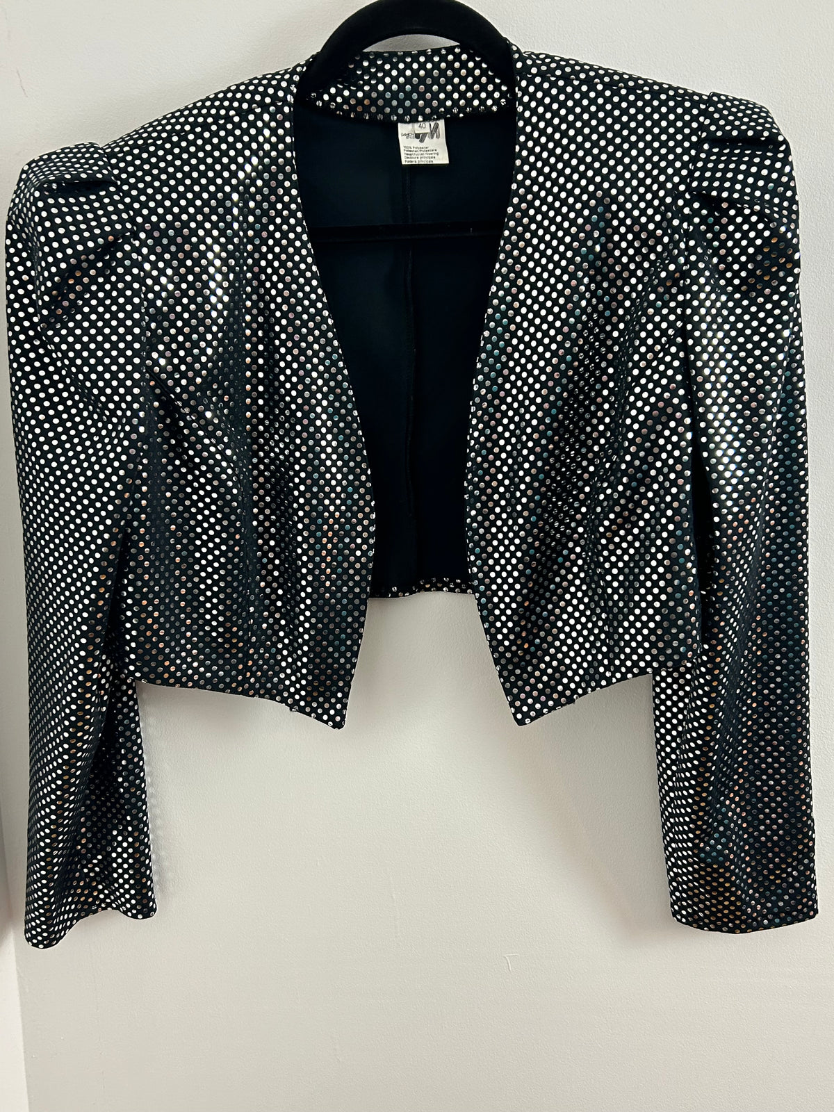 Vintage 1980s PM STYLE UK Size 12-14 Black & Metallic Silver Polka Dots Long Sleeve Bolero Cover Up