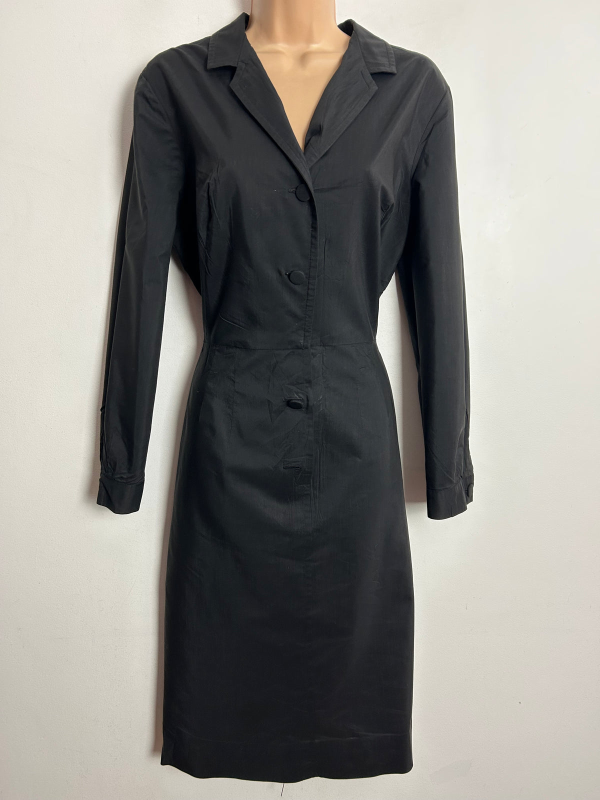 Vintage 1950s ALFRED SHAHEEN UK Size 12 Black Polished Cotton Long Sleeve Fitted Dress