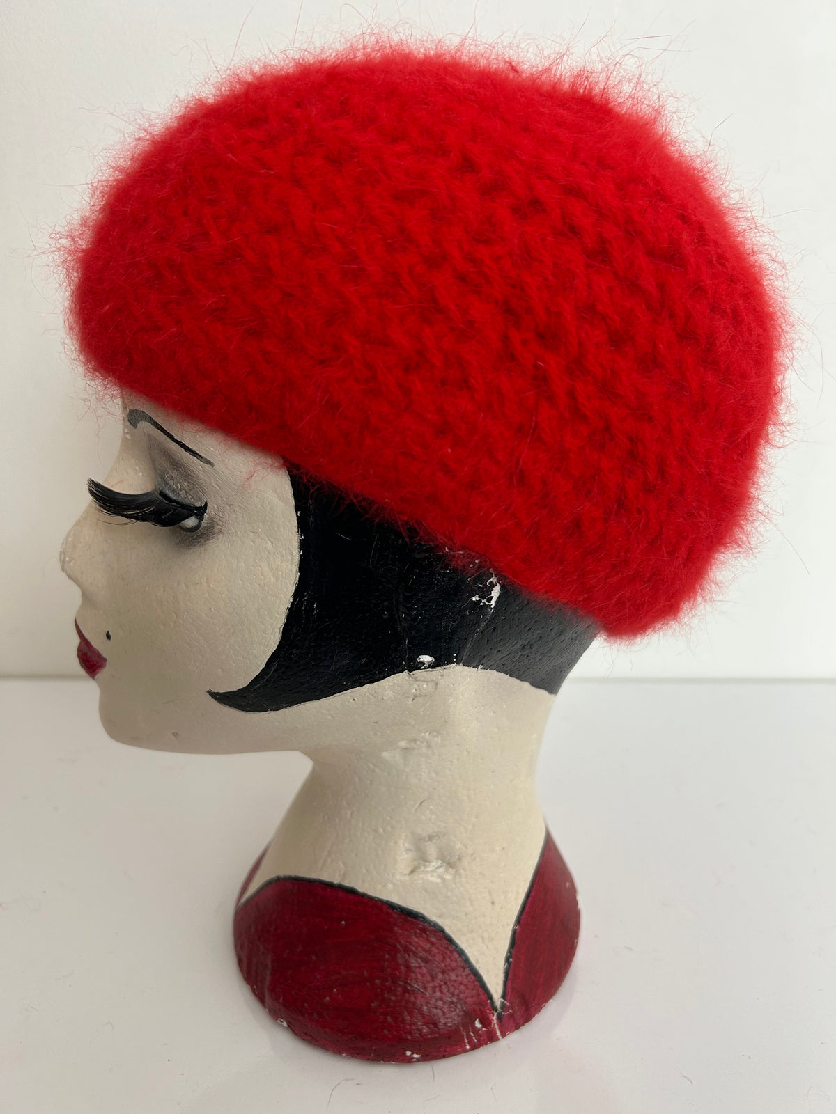 Vintage Red Wool & Angora Chunk Open Stitch Reversible Beanie Beret Style Hat