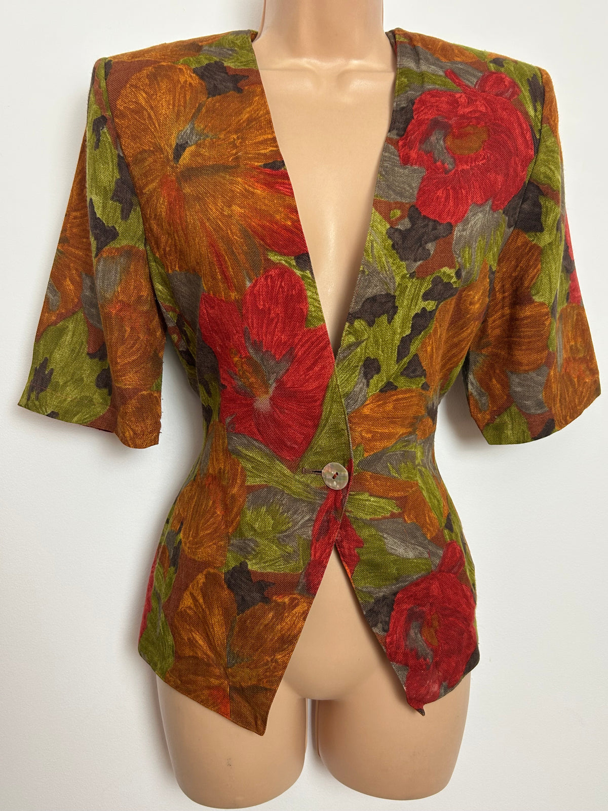 Vintge 1980s DRESSAGE BY PAUL COSTELLO Size 8 Rusty Brown Red & Green Floral Linen Mix Short Sleeve Blazer