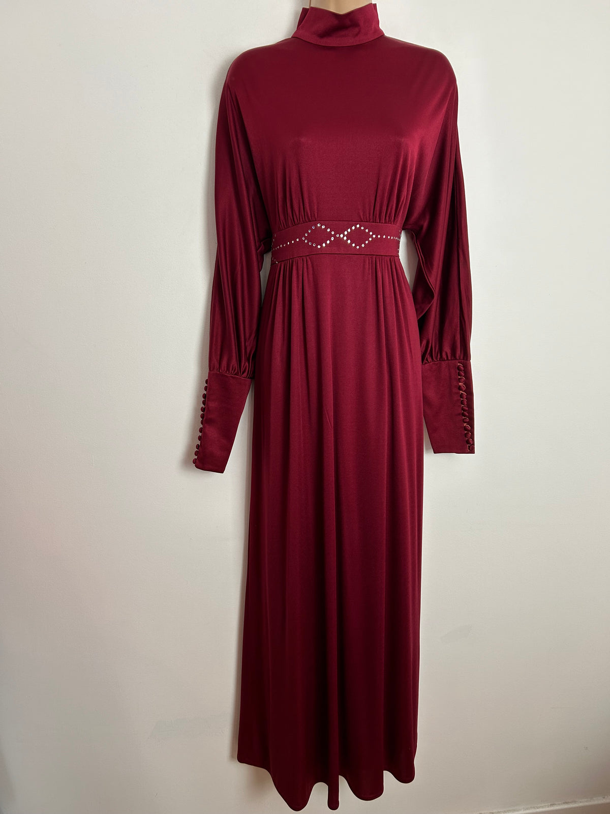 Vintage Late 1970s COCKTAIL HOFFMAN UK Size 12 Dark Red Long Dolman Sleeve Tight Cuffs Rhinestone Detail Occasion Evening Maxi Dress