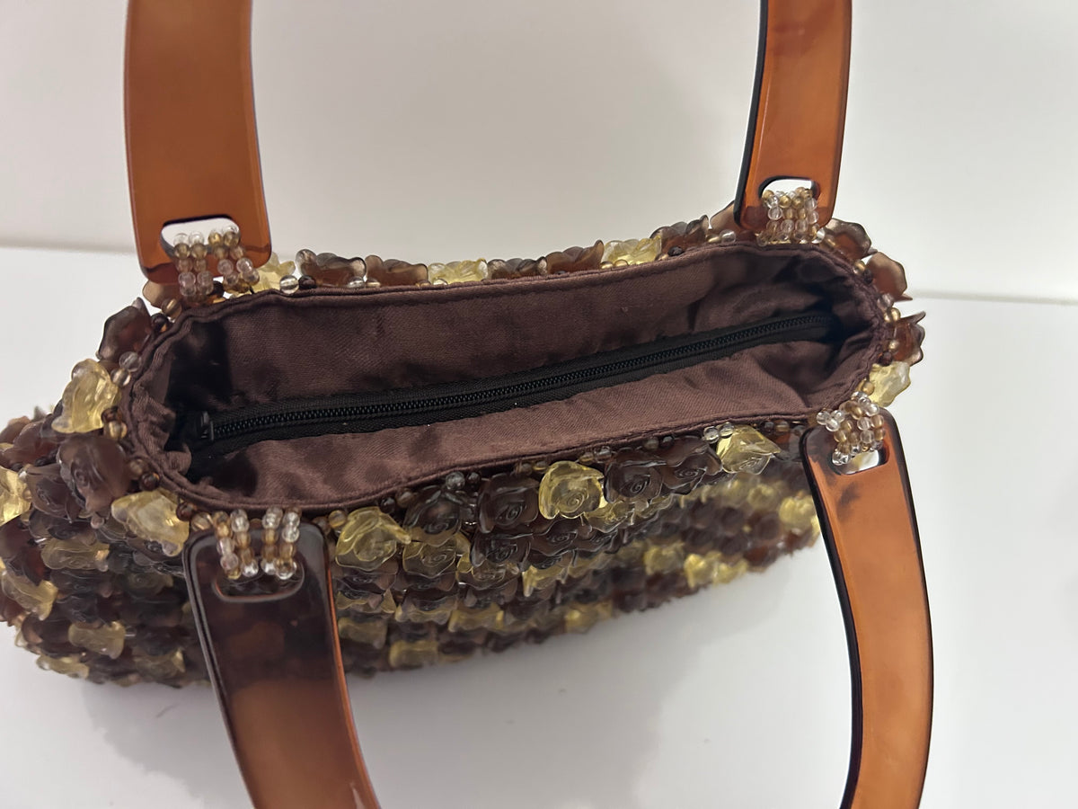 Vintage 1960s Gorgeous Brown & Beige Heavy Plastic Roses & Beaded Handbag