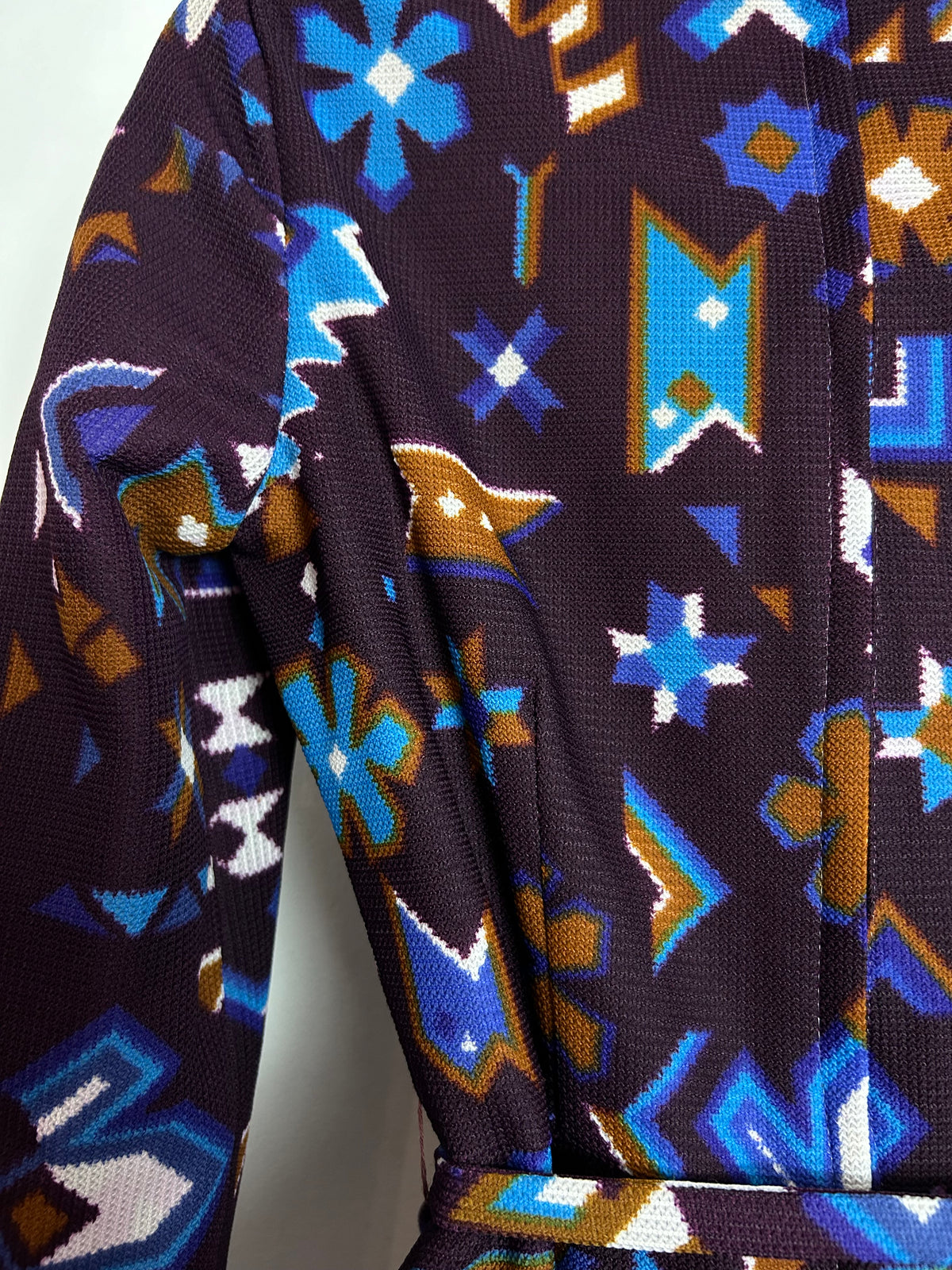 Vintage 1970s UK Size 8 Very Dark Purple Blue & White Abstract Geo Print Belted Maxi Dress