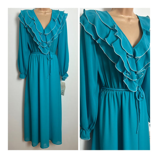 Vintage Late 1970s Deadstock DARREN Size 14 Turquoise Ruffled Long Sleeve Belted Maxi Dress