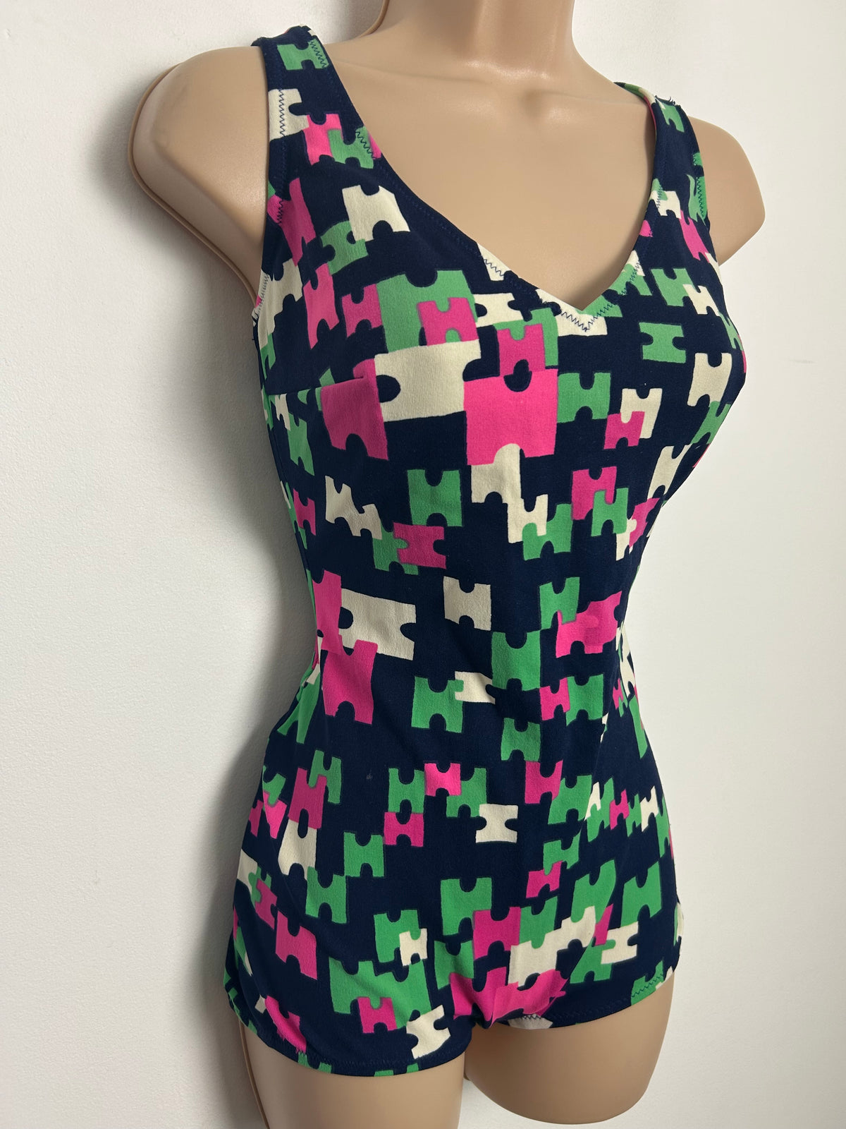 Vintage Late 1960s Approx Size 14-16 Navy Blue Pink Green & White Abstract Geo Jigsaw Style Print Swimsuit
