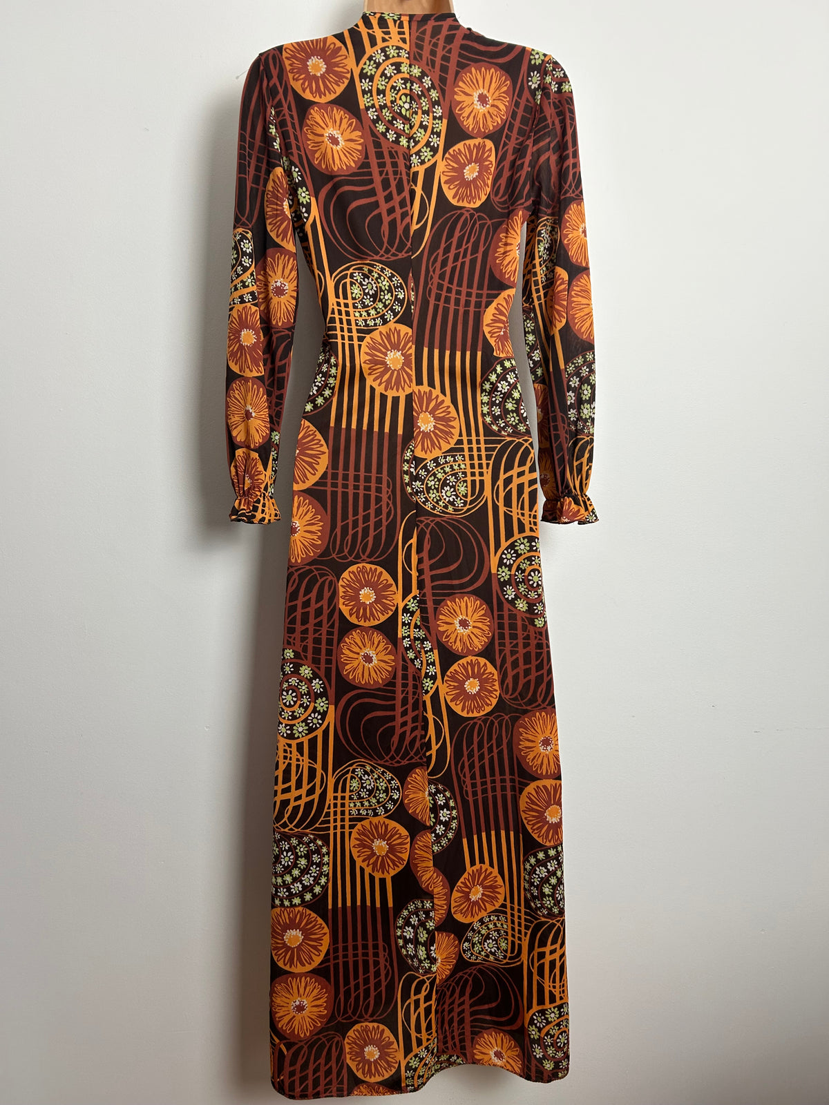 Vintage 1970s Size 8 Brown Tones "Spirograph" Abstract Print Long Sleeve Empire Line Maxi Dress