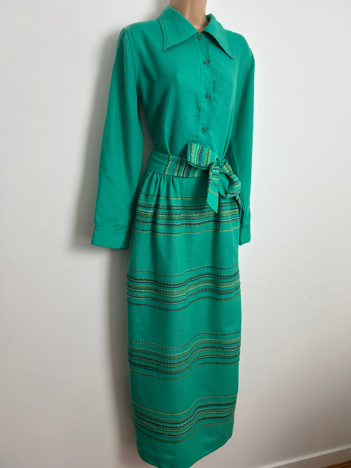 Vintage Late 1960s RARE JOHN HAGARTY Size 10/12 Jade Green Handwoven Irish Tweed Pure New Wool Maxi Dress