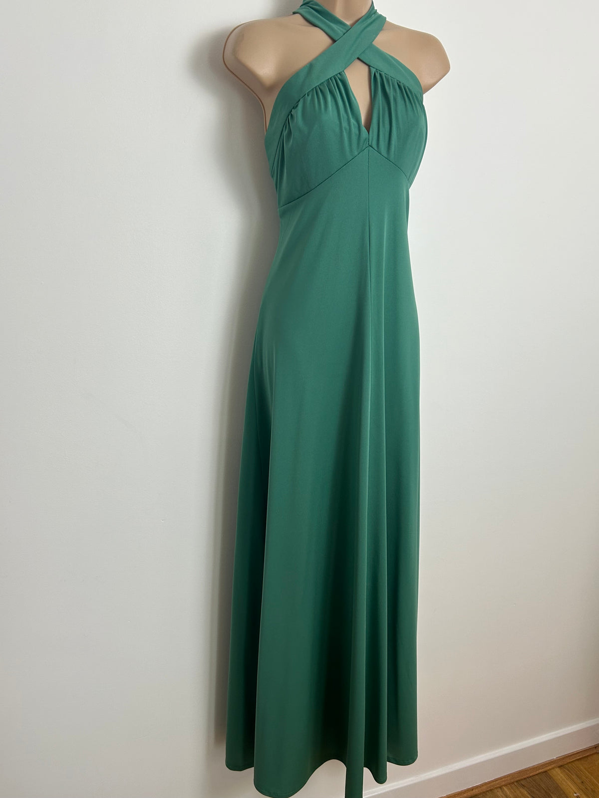 Vintage 1970s PENNY MIST Size 10-12 Green Cross Strap Halterneck Maxi Dress