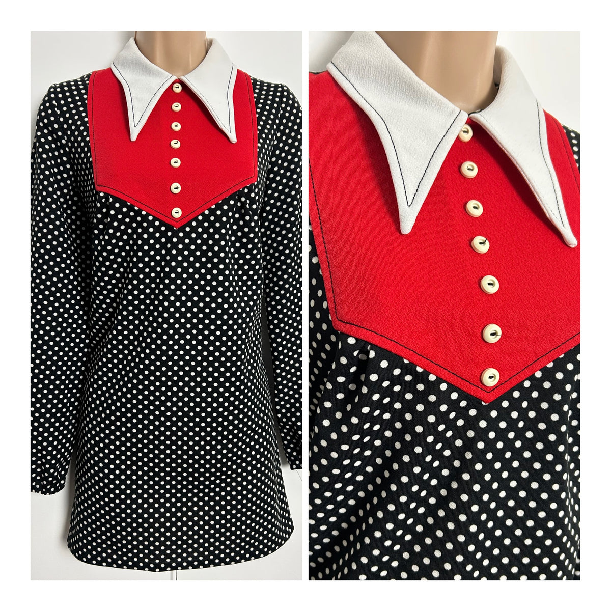 Vintage 1960s UK Size 8 Black & White Polka Dot Print Dagger Collar Long Sleeve Mini Mod Shift Dress
