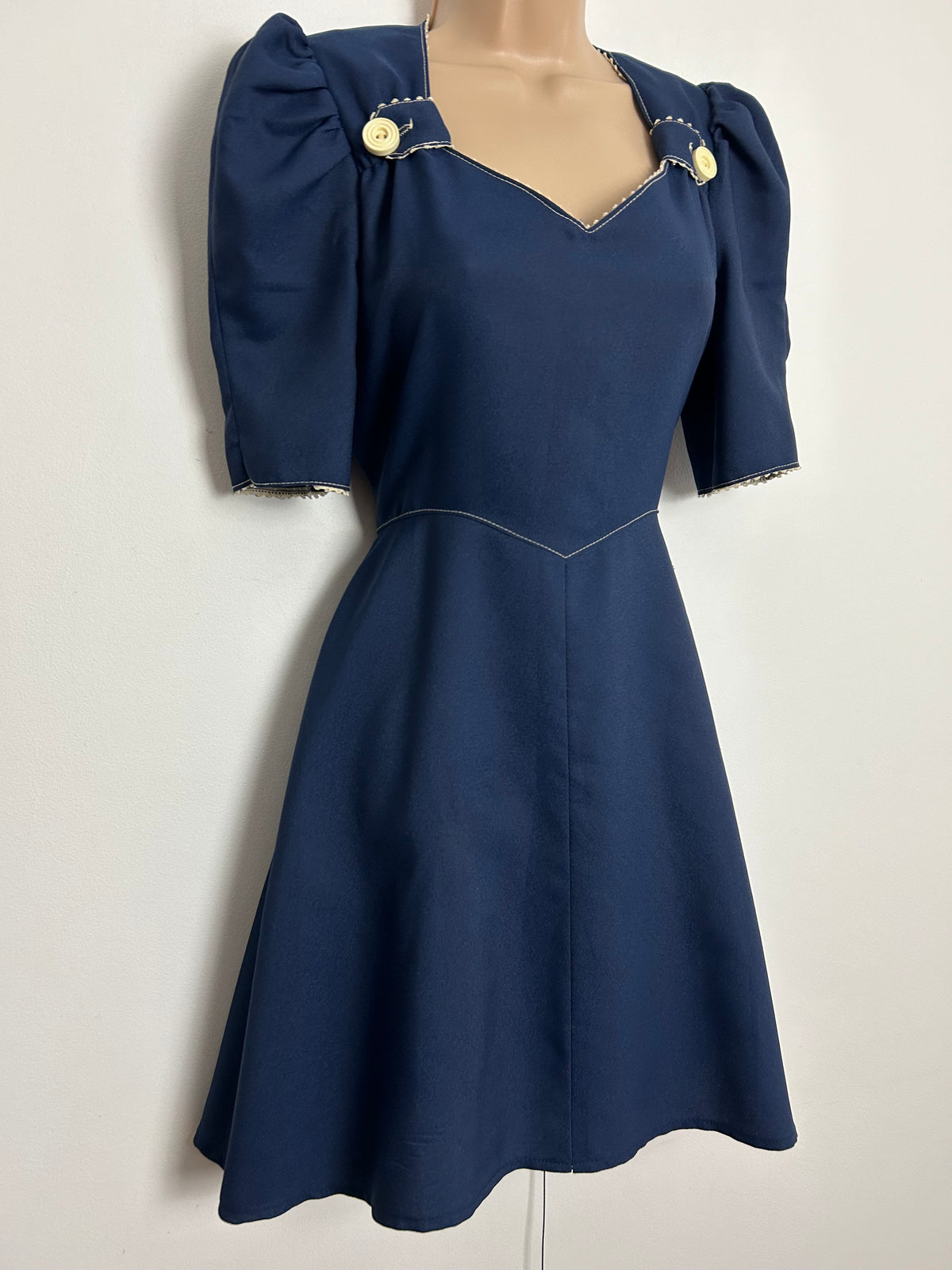 Vintage Early 1970s PETALS UK Size 6-8 Navy Blue Button & Tab Detail Fit & Flare Mod Dolly Dress