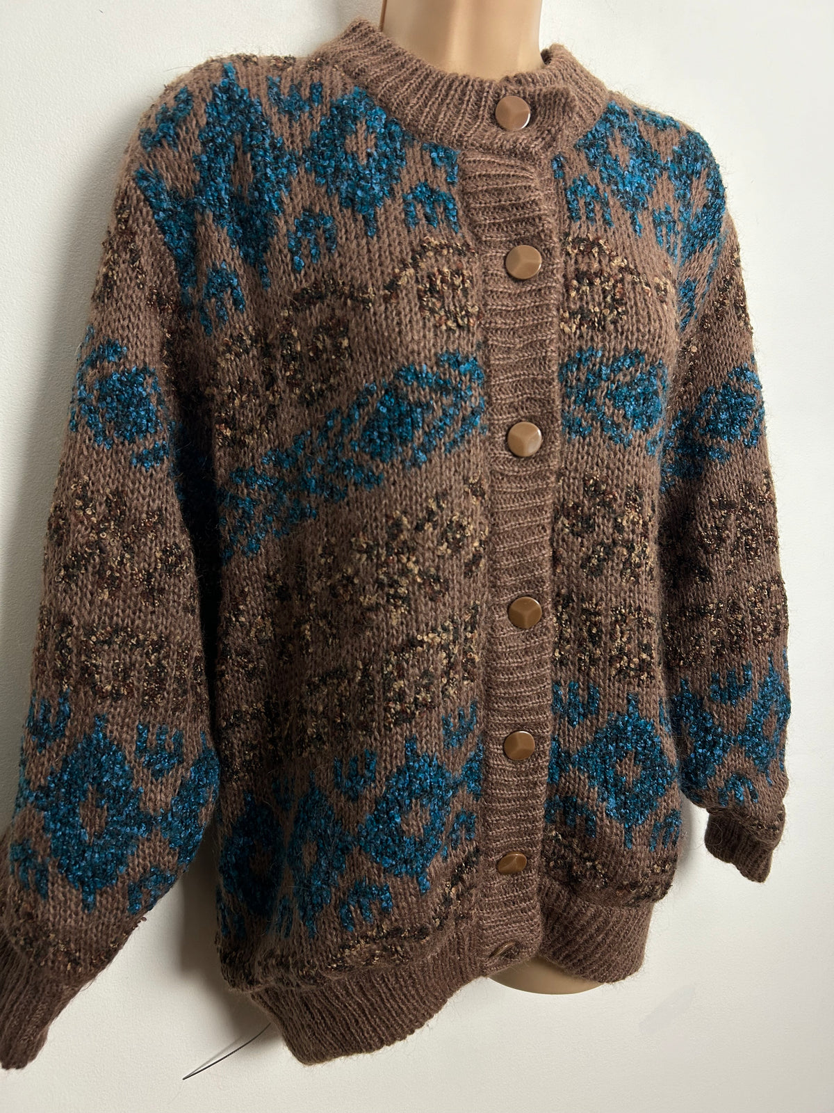 Vintage 1980s One Size Up To Size 16 Brown & Blue Wool Mix Long Sleeve Chunky Cardigan