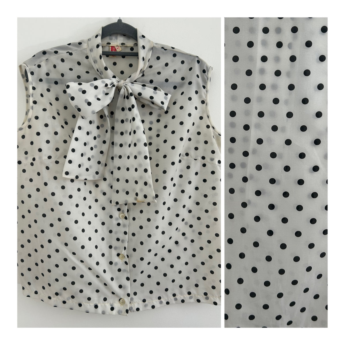 Vintage Late 1960s Size 12-14 White & Black Polka Dot Pussy Bow Sleeveless Blouse/Top