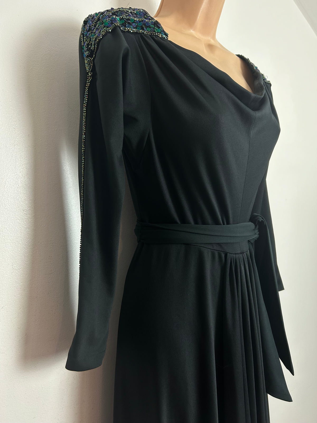Vintage 1970s FRANK USHER Size 10 Black Bead & Sequin Detail Long Sleeve Belted Evening Maxi Dress