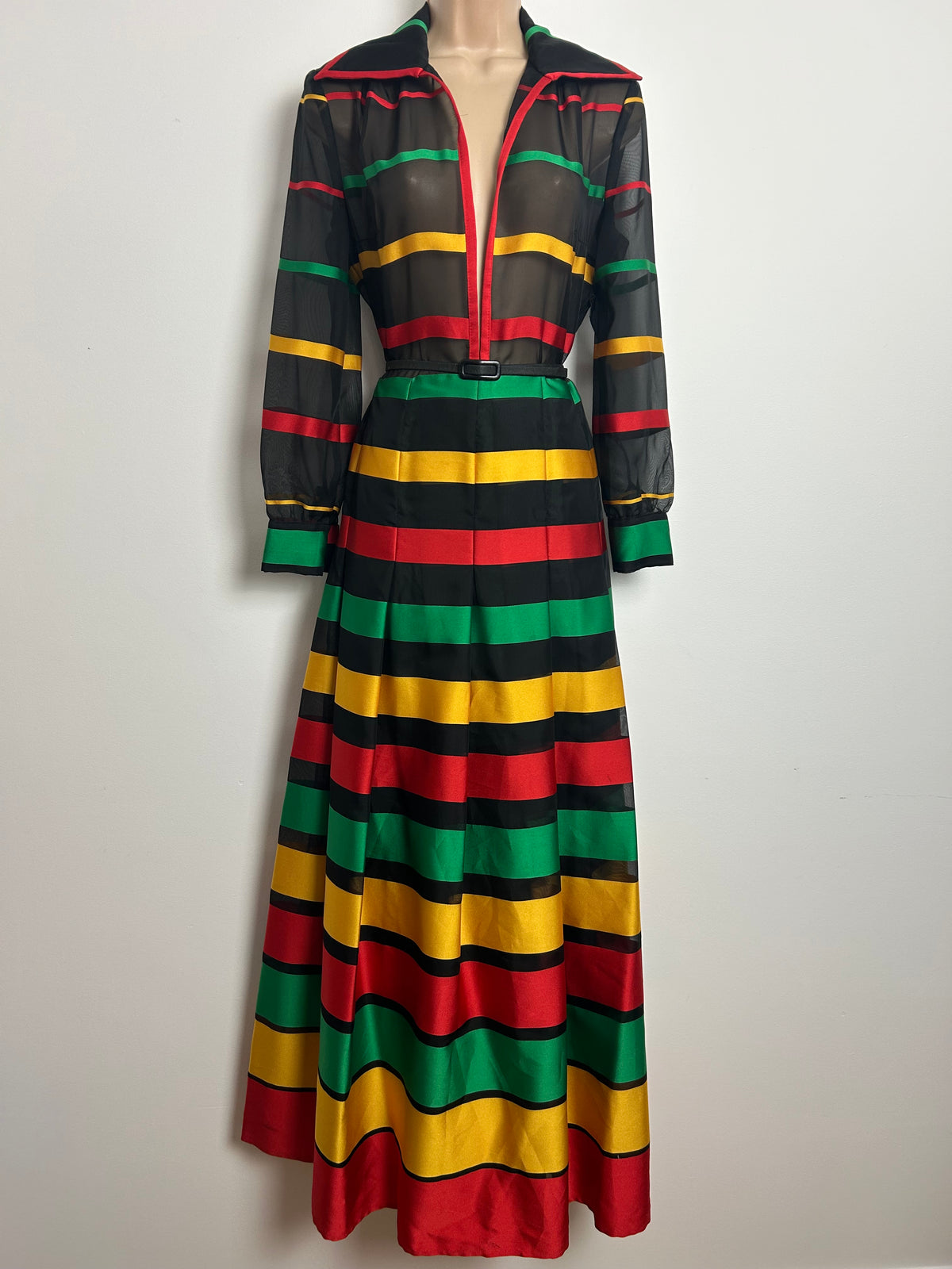 Vintage 1970s CARRE Size 12 Black Red Yellow & Green Stripe Wide Collared Pleated Maxi Dress