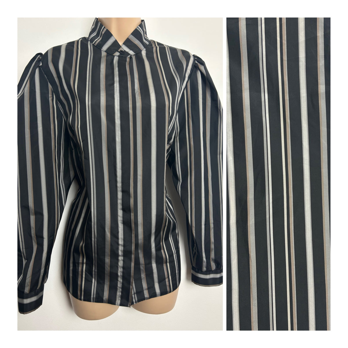 Vintage 1980s YESSICA Size 14-16 Black & Silver Stripe Long Sleeve Puff Sleeve Blouse