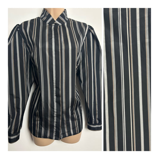 Vintage 1980s YESSICA Size 14-16 Black & Silver Stripe Long Sleeve Puff Sleeve Blouse