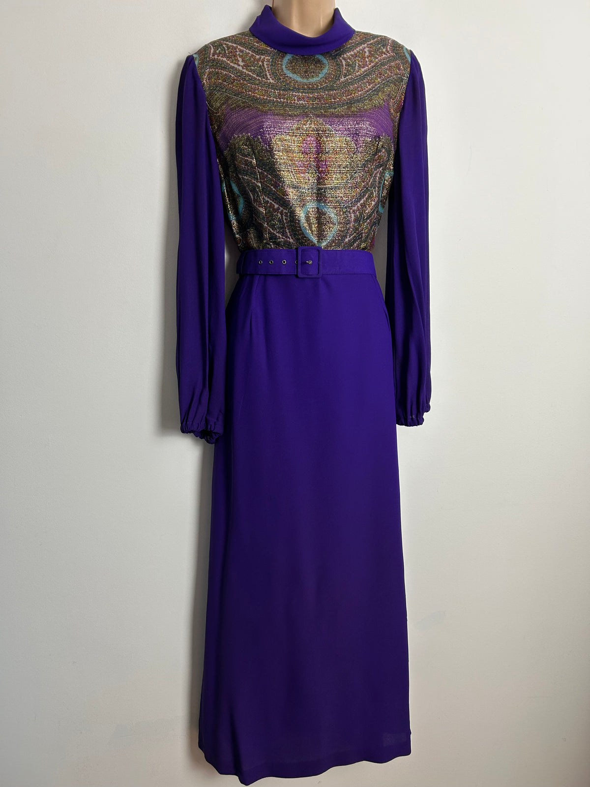 Vintage Late 1960s JOBI UK Size 10-12 Purple Teal & Gold Lurex Pattern Bodice Belted Occasion Maxi Dress