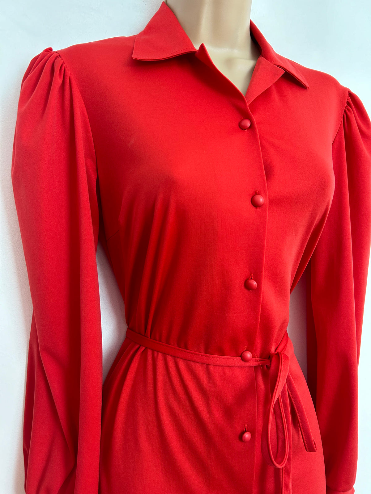 Vintage Early 1980s UK Size 10 Red Long Sleeve Belted Shirt