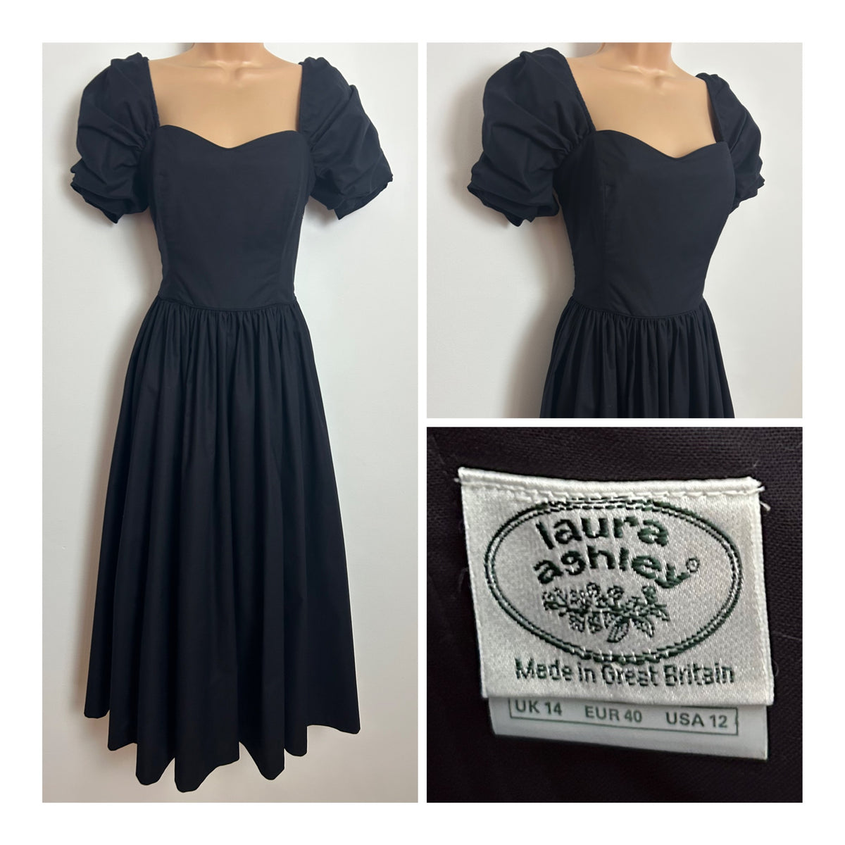 Vintage 1980s LAURA ASHLEY Size 10 (14 On Labels) Black Cotton Boned Princess Ballgown Dress