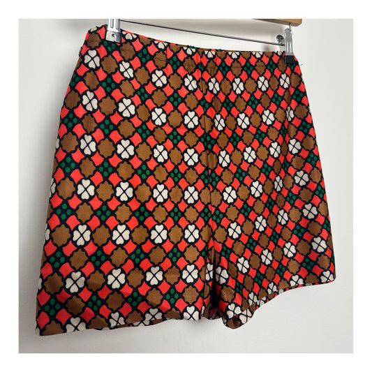 Vintage 1960s Size 12 Orangey Red Brown White & Green Geo Print Mod Hot Pant Shorts