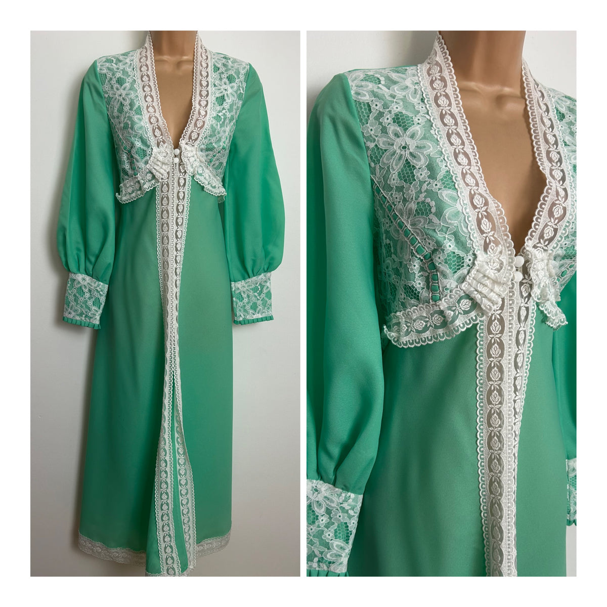 Vintage 1970s Size 6-8 Green & White Lace Trim Long Sleeve Peignoir Robe Housecoat