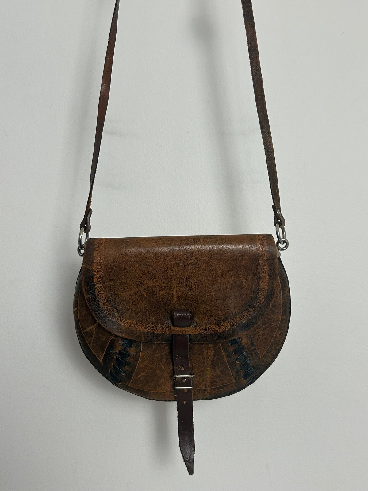 Vintage 1980s Small Handmade Distressed Western Style Crossbody Leather Saddle Bag