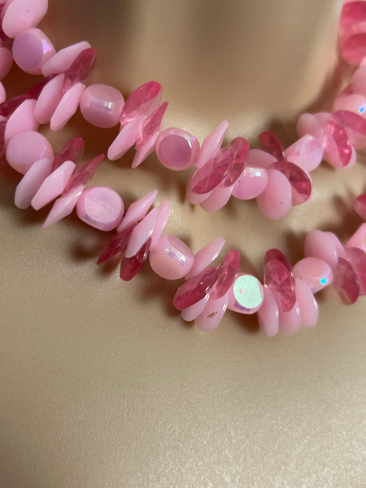 Vintage 1960s Pink Tones Plastic Bead Double Strand Small Choker Necklace (Hong Kong)