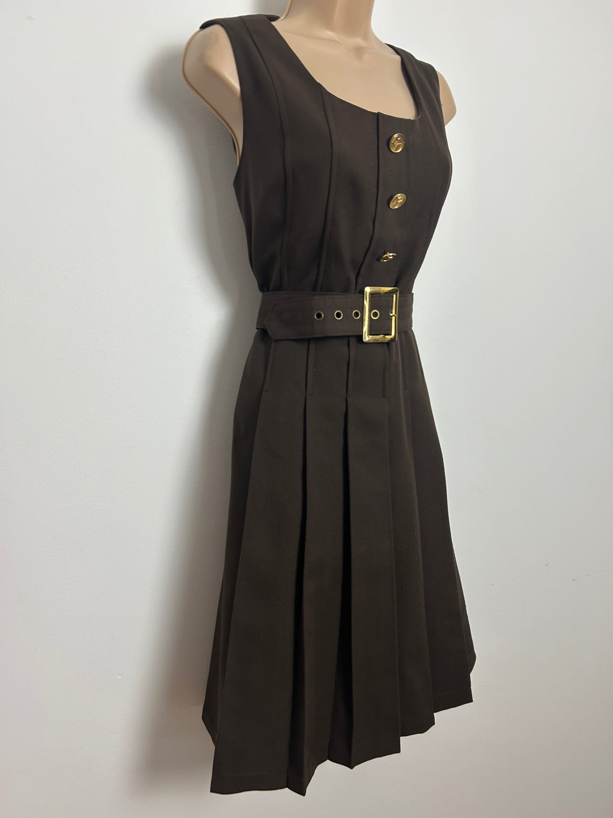 Vintage 1970s Size 12 Brown Pleated Belted Gold Button Detail Mod Day Dress