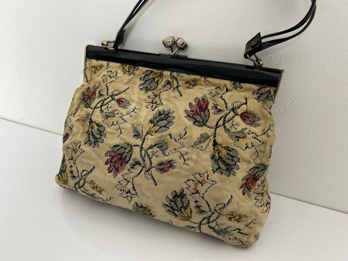 Vintage 1960s Cream & Pink Floral Woven Carpet Kiss Lock Bag