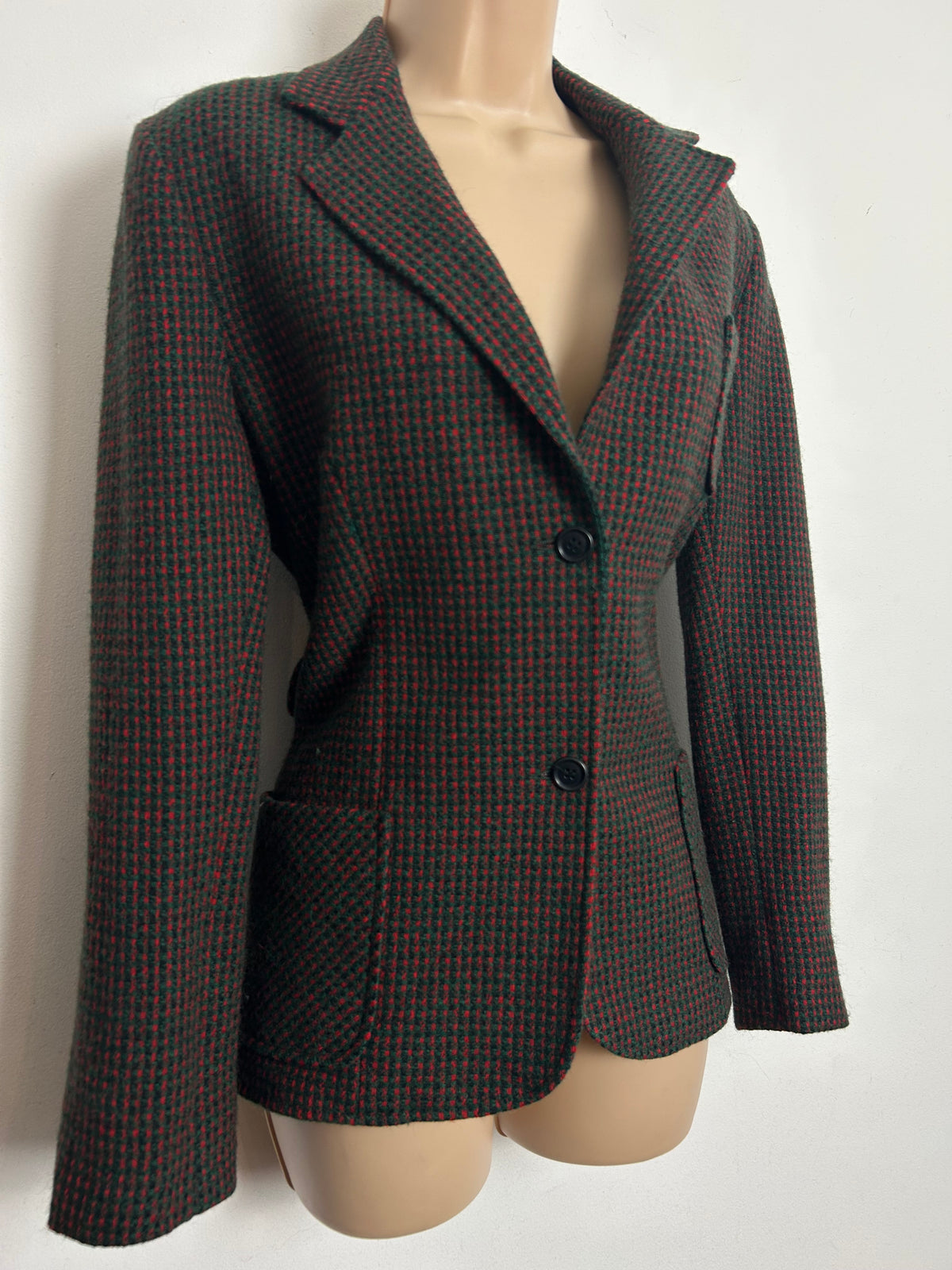 Vintage Late 70s/Early 80s YOUNG TRADITIONS Size 10-12 Dark Green & Red Tweed Check Wool Mix Blazer