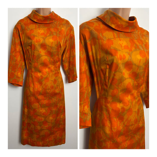 Vintage Early 1960s Size 12-14 Orange Tones Abstract Print Cotton Mix Funnel Neck Wiggle Dress
