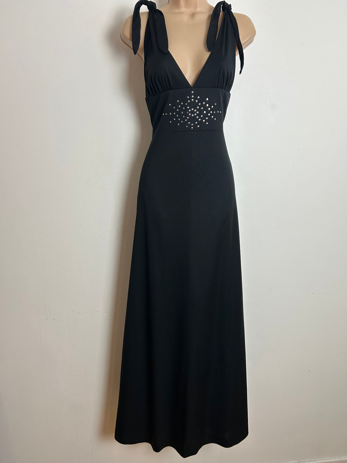 Vintage 1970s Size 8 Black Plunge Neck Tie Shouder Diamante Detail Evening Maxi Dress