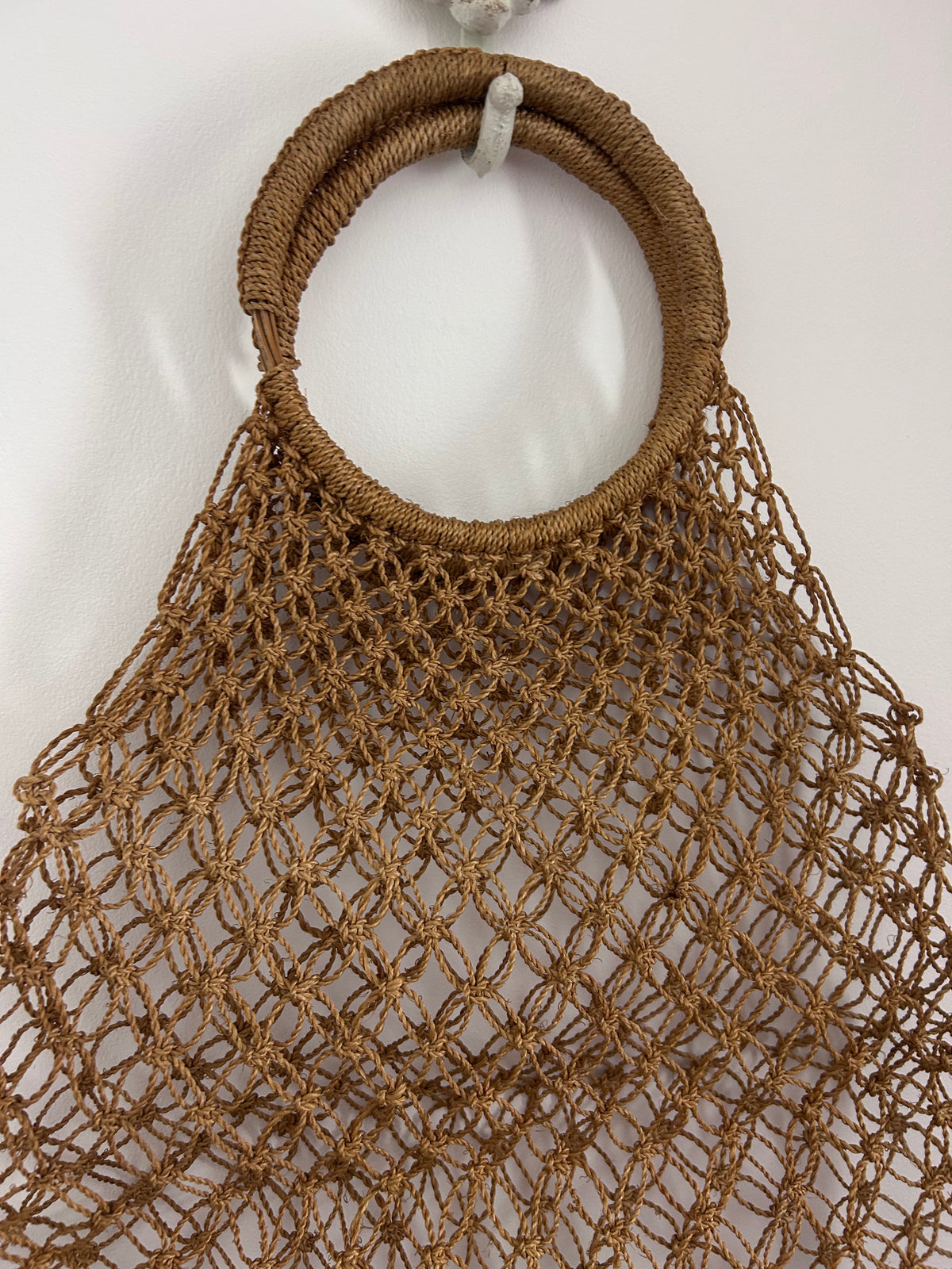 Vintage 1970s Tan Brown String Macrame Woven Shopping Bag With Twine Covered Handles