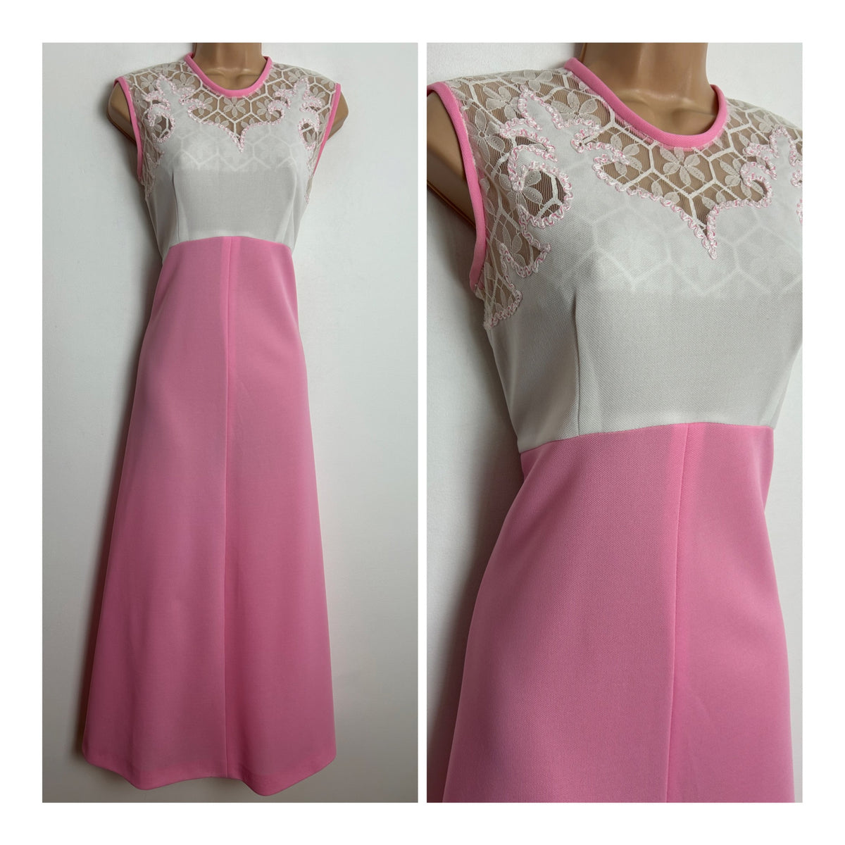 Vintage Late 1960s Size 12 Pink & White Lace Detail Sleeveless Summer Maxi Dress