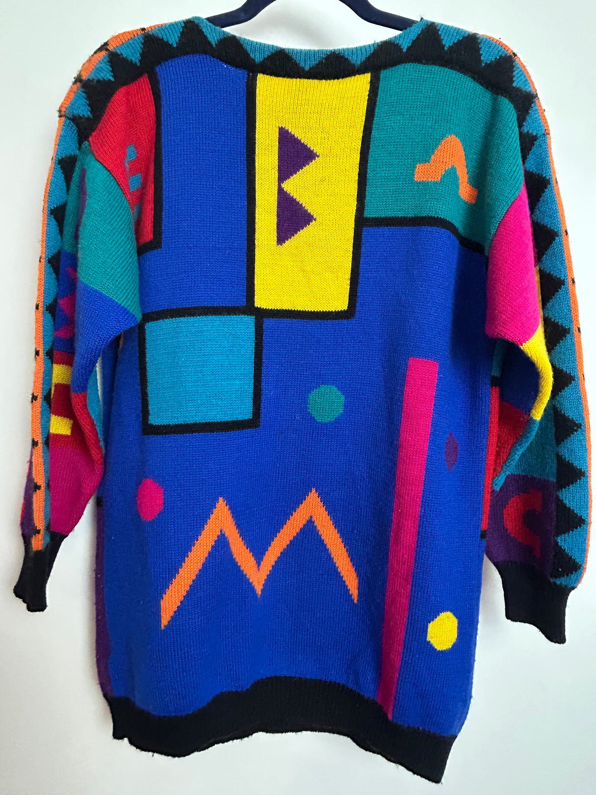 Vintage 1980s BIRDS OF Size 12-14 Bright Multicolour Abstract Geo Print Wool Mix Jumper