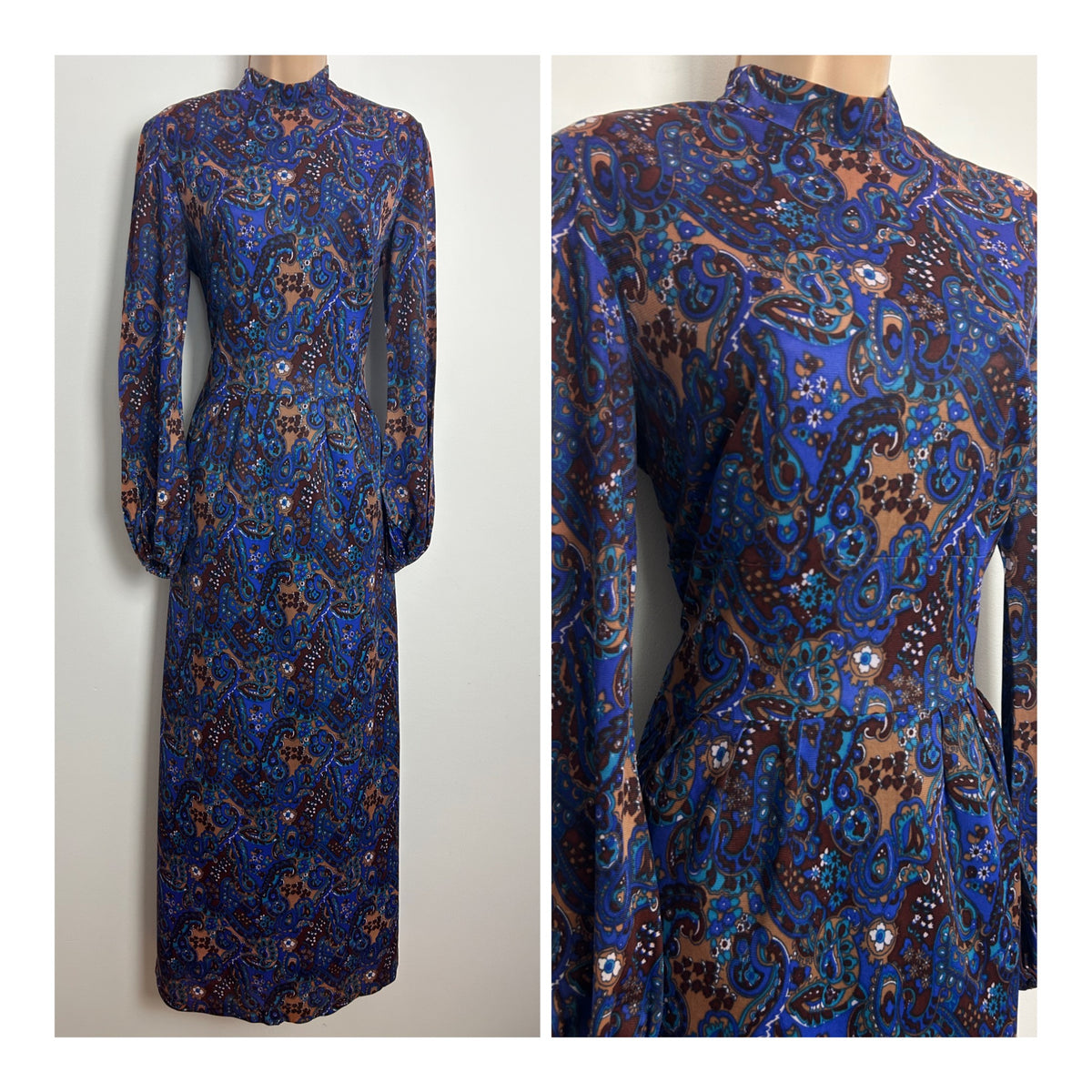 Vintage 1970s Size 8-10 Blue & Brown Tones Paisley Scarf Print Long Sleeve Maxi Dress